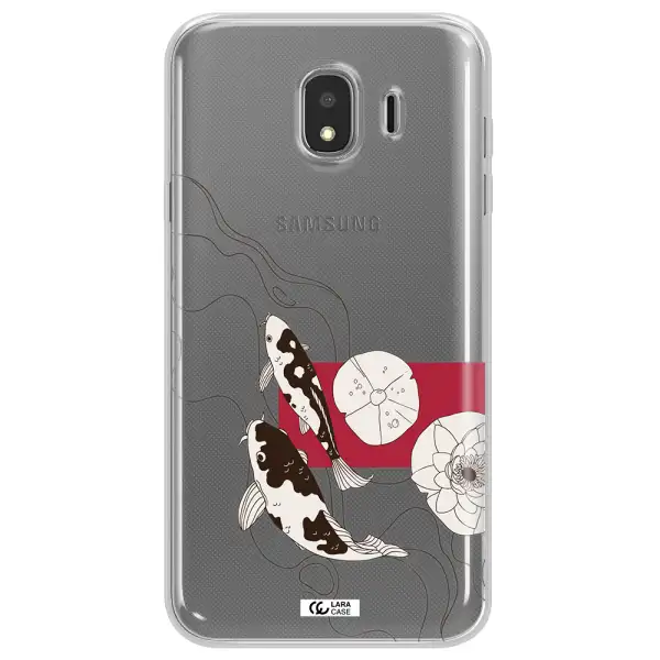 a black and white illustration of fish and flowers Samsung J4 Clear TPU Case