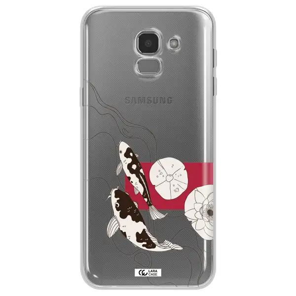 a black and white illustration of fish and flowers Samsung J6 Clear TPU Case