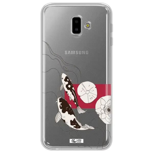 a black and white illustration of fish and flowers Samsung J6 Plus Clear TPU Case