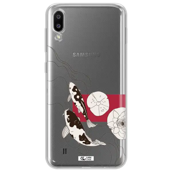 a black and white illustration of fish and flowers Samsung M10 Clear TPU Case