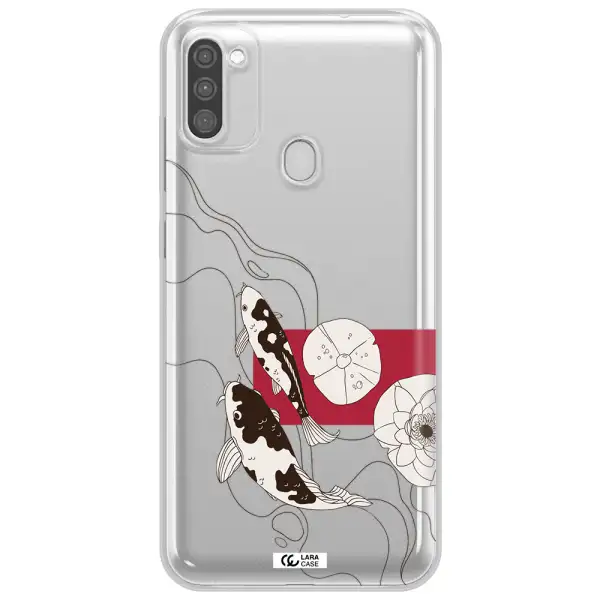 a black and white illustration of fish and flowers Samsung M11 Clear TPU Case