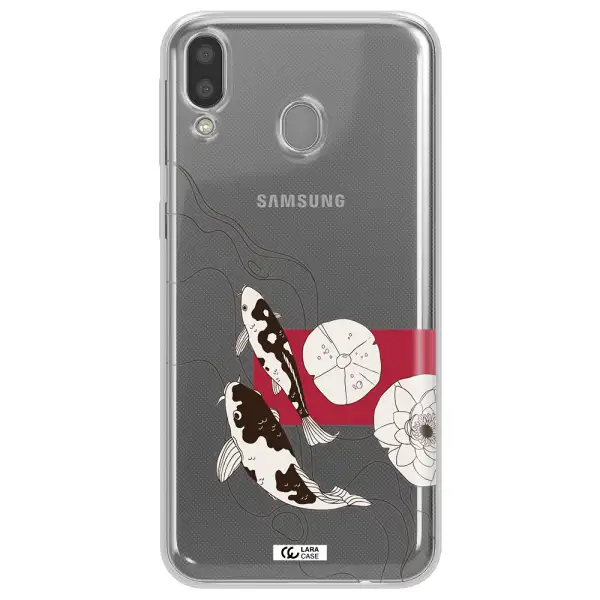 a black and white illustration of fish and flowers Samsung M20 Clear TPU Case
