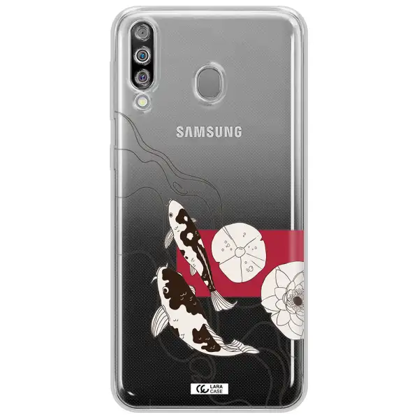 a black and white illustration of fish and flowers Samsung M30 Clear TPU Case