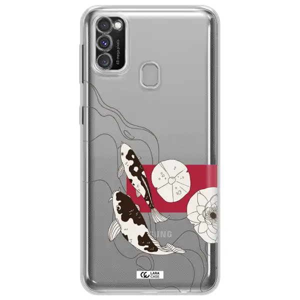 a black and white illustration of fish and flowers Samsung M30S Clear TPU Case