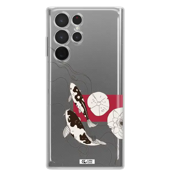 a black and white illustration of fish and flowers Samsung S 22 Ultra Clear TPU Case