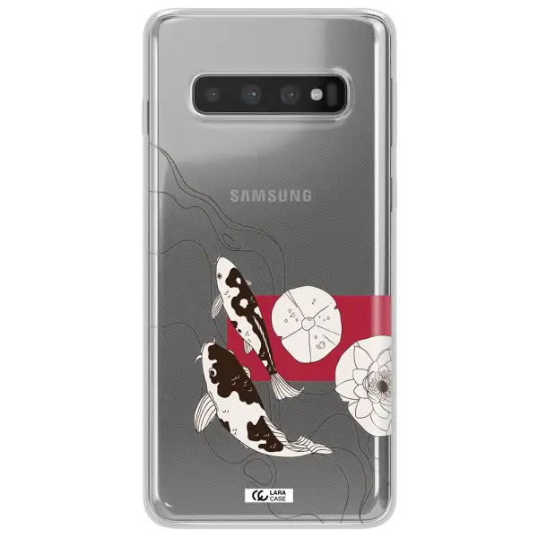a black and white illustration of fish and flowers Samsung S10 Clear TPU Case