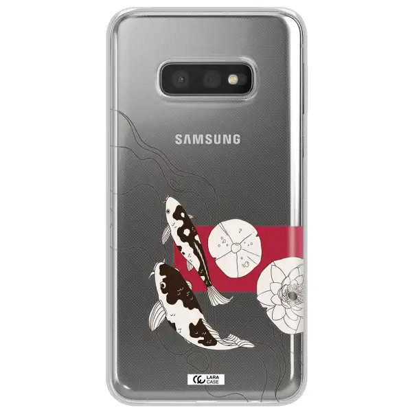 a black and white illustration of fish and flowers Samsung S10e Clear TPU Case