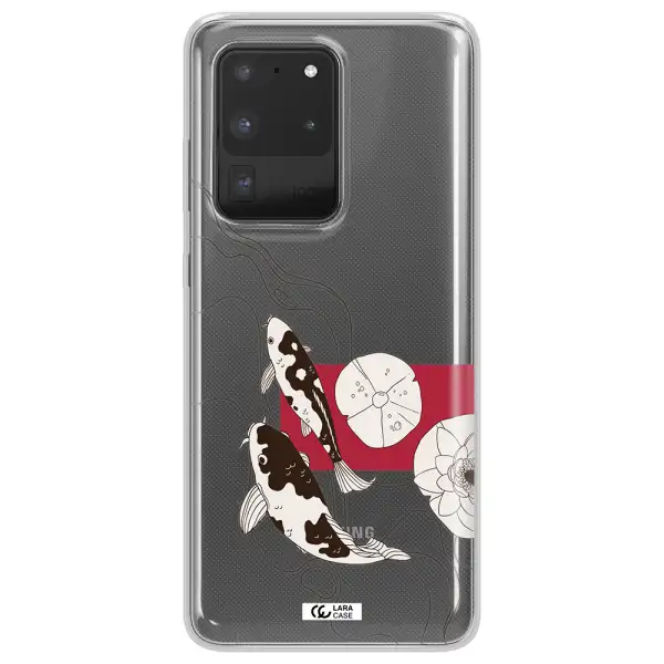 a black and white illustration of fish and flowers Samsung S20 Ultra Clear TPU Case