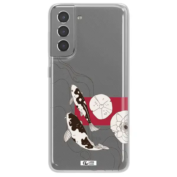 a black and white illustration of fish and flowers Samsung S21 Clear TPU Case