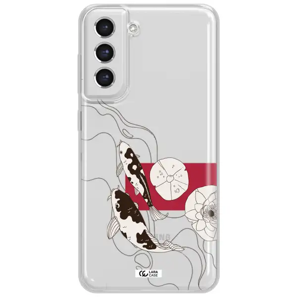 A Black And White Illustration Of Fish And Flowers Samsung S21 Fe Clear Tpu Case
