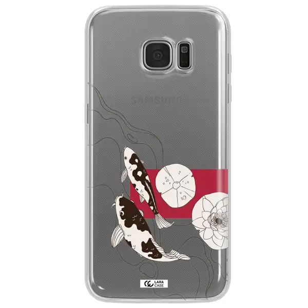 a black and white illustration of fish and flowers Samsung S7 Edge Clear TPU Case