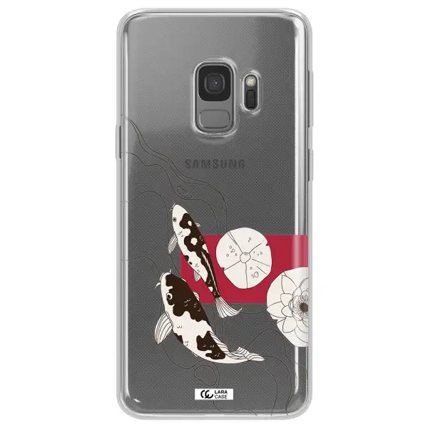 a black and white illustration of fish and flowers Samsung S9 Clear TPU Case