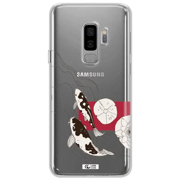 a black and white illustration of fish and flowers Samsung S9 Plus Clear TPU Case