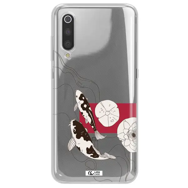 a black and white illustration of fish and flowers Xiaomi Mi 9 Clear TPU Case