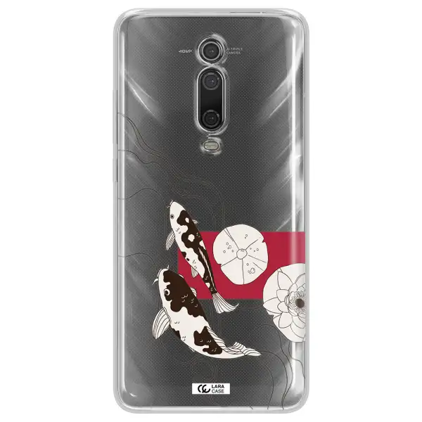 a black and white illustration of fish and flowers Xiaomi Mi 9T Clear TPU Case