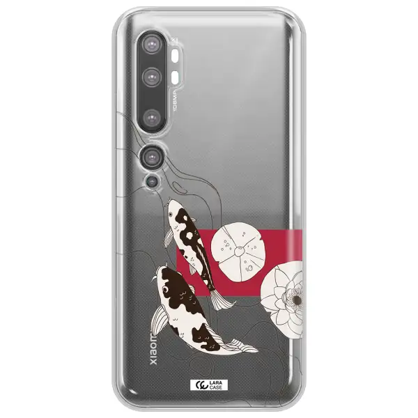a black and white illustration of fish and flowers Xiaomi Mi Note 10 Clear TPU Case