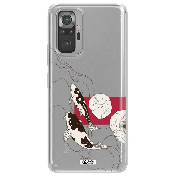 a black and white illustration of fish and flowers Xiaomi Note 10 Pro Clear TPU Case