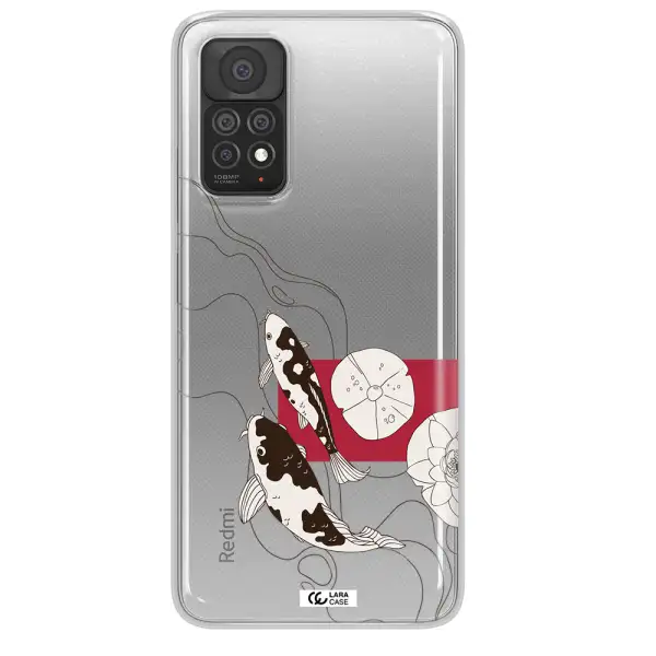a black and white illustration of fish and flowers Xiaomi Note 11 Pro Clear TPU Case