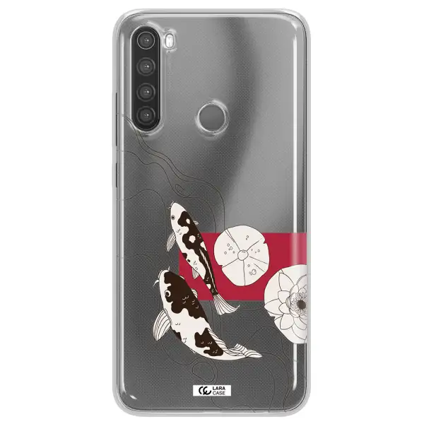 a black and white illustration of fish and flowers Xiaomi Note 8 Clear TPU Case