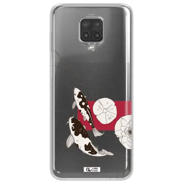 a black and white illustration of fish and flowers Xiaomi Note 9 Pro Clear TPU Case