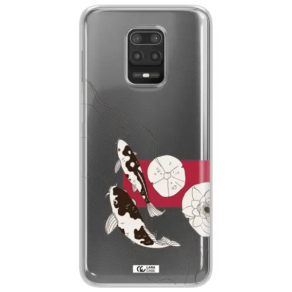 a black and white illustration of fish and flowers Xiaomi Note 9S Clear TPU Case
