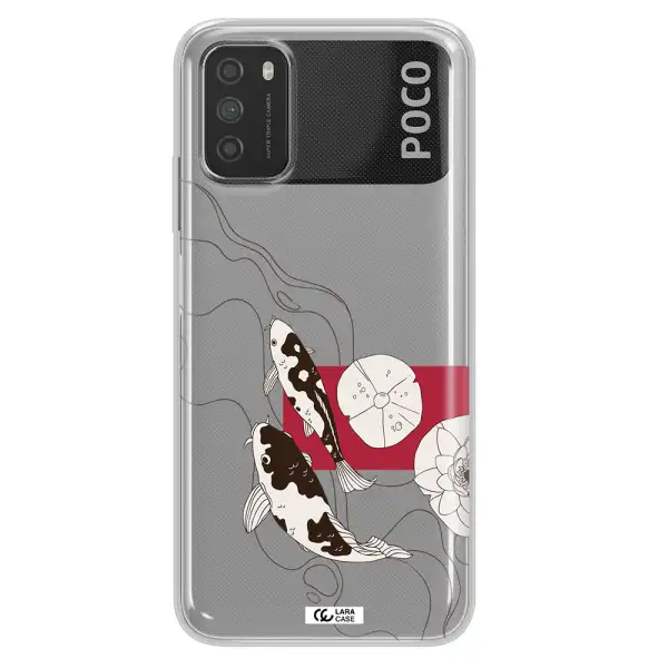 a black and white illustration of fish and flowers Xiaomi Poco M3 Clear TPU Case