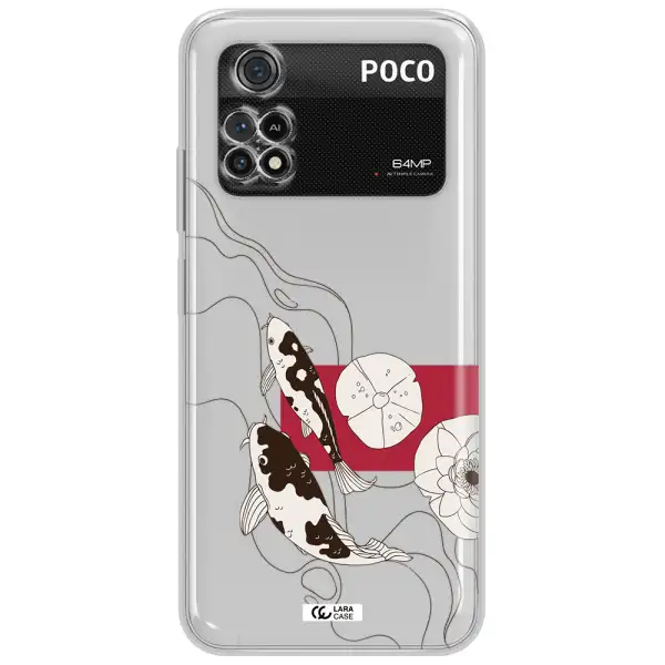 A Black And White Illustration Of Fish And Flowers Xiaomi Poco M4 Pro 4G Clear Tpu Case