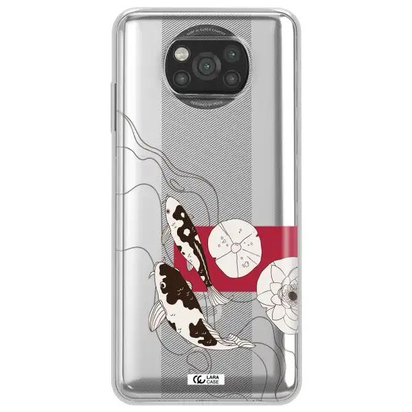 a black and white illustration of fish and flowers Xiaomi Poco X3 Clear TPU Case