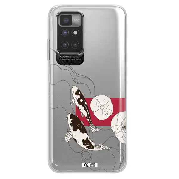 a black and white illustration of fish and flowers Xiaomi Redmi 10 Clear TPU Case