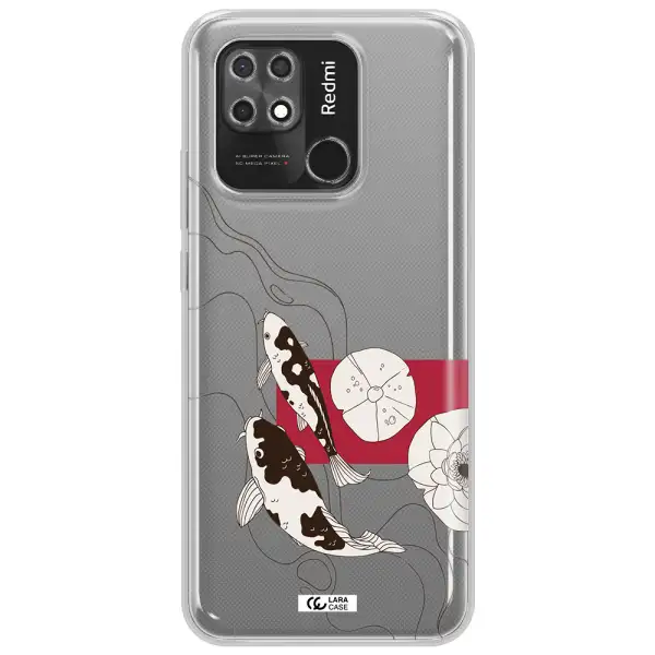 a black and white illustration of fish and flowers Xiaomi Redmi 10C Clear TPU Case