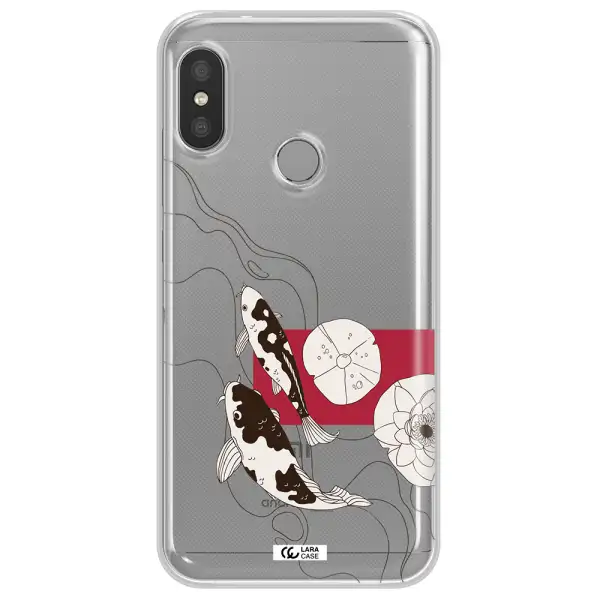 a black and white illustration of fish and flowers Xiaomi Redmi 6 Pro Clear TPU Case
