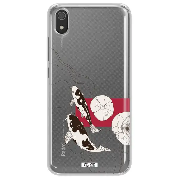 a black and white illustration of fish and flowers Xiaomi Redmi 7A Clear TPU Case