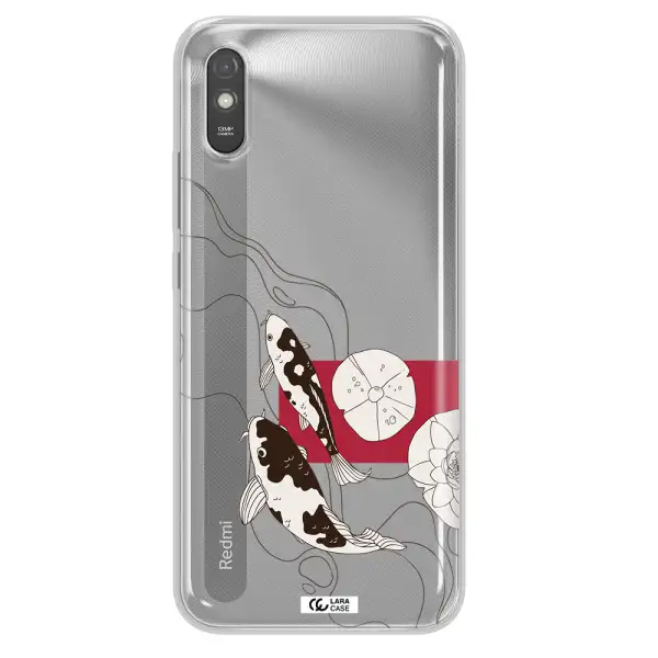 a black and white illustration of fish and flowers Xiaomi Redmi 9A Clear TPU Case