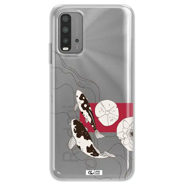 a black and white illustration of fish and flowers Xiaomi Redmi 9T Clear TPU Case