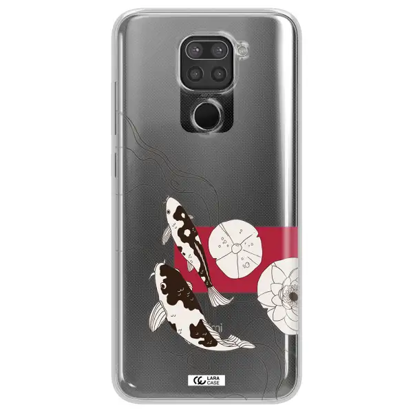 a black and white illustration of fish and flowers Xiaomi Redmi Note 9 Clear TPU Case