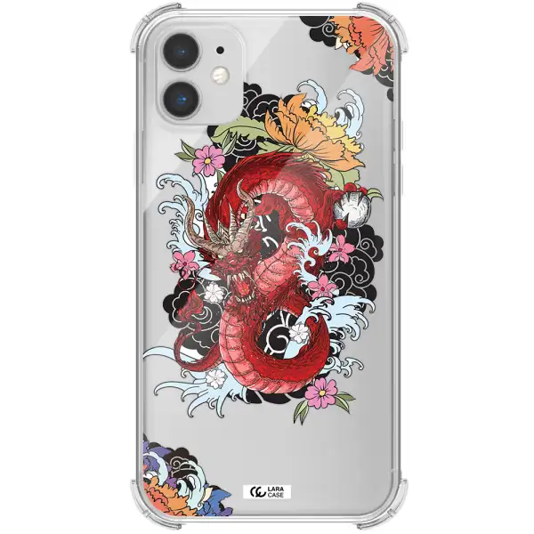 a red dragon with flowers and clouds Apple iPhone 11 Clear PC Case