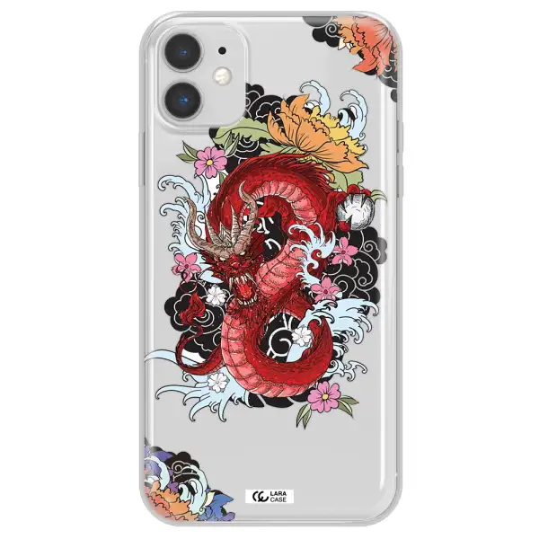 a red dragon with flowers and clouds Apple iPhone 11 Clear TPU Case