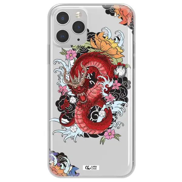 a red dragon with flowers and clouds Apple iPhone 11 pro max Clear TPU Case
