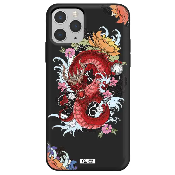 a red dragon with flowers and clouds Apple iPhone 11 pro max Silicone black Case