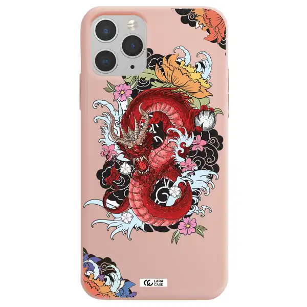 a red dragon with flowers and clouds Apple iPhone 11 pro max Silicone pastel pink Case