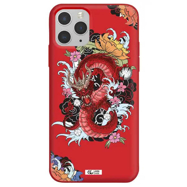 a red dragon with flowers and clouds Apple iPhone 11 pro Silicone Imperial Red Case