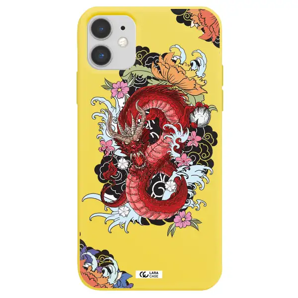 a red dragon with flowers and clouds Apple iPhone 11 Silicone canary yellow Case