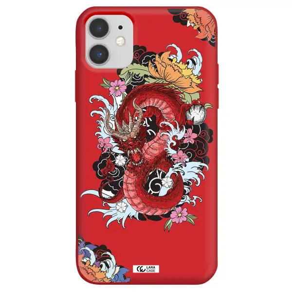 a red dragon with flowers and clouds Apple iPhone 11 Silicone Imperial Red Case