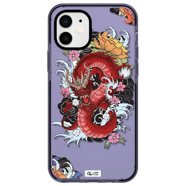a red dragon with flowers and clouds Apple iPhone 12 impact Lilac Case