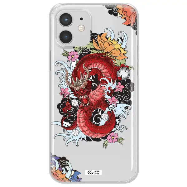 a red dragon with flowers and clouds Apple iPhone 12 mini Clear TPU Case