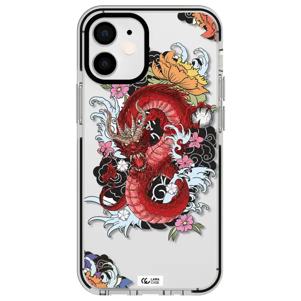 a red dragon with flowers and clouds Apple iPhone 12 mini impact black border Case