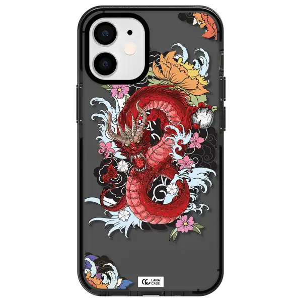 a red dragon with flowers and clouds Apple iPhone 12 mini impact Smoke Black Case