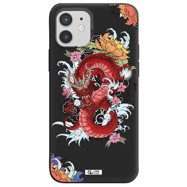 a red dragon with flowers and clouds Apple iPhone 12 mini Silicone black Case