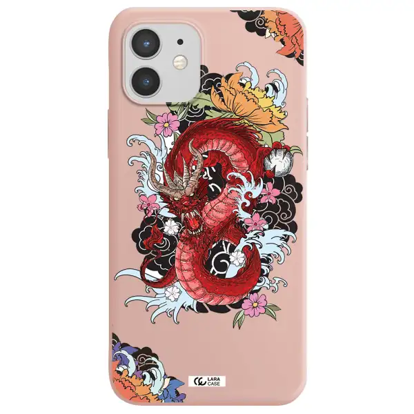 a red dragon with flowers and clouds Apple iPhone 12 mini Silicone pastel pink Case