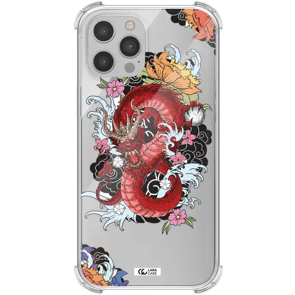 a red dragon with flowers and clouds Apple iPhone 12 pro Clear PC Case